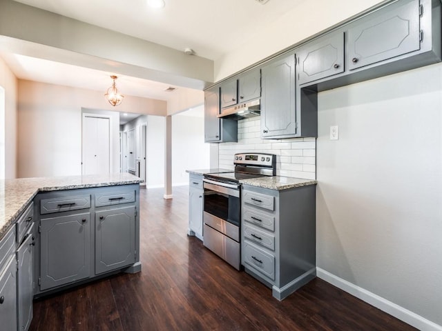 kitchen with stainless steel range with electric stovetop, dark hardwood / wood-style floors, and gray cabinets