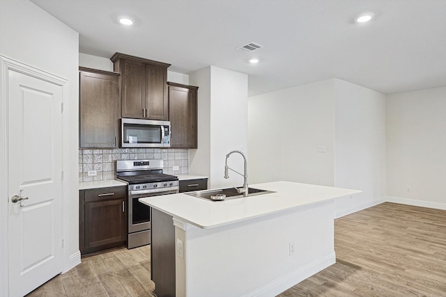 kitchen with sink, stainless steel appliances, backsplash, an island with sink, and light wood-type flooring