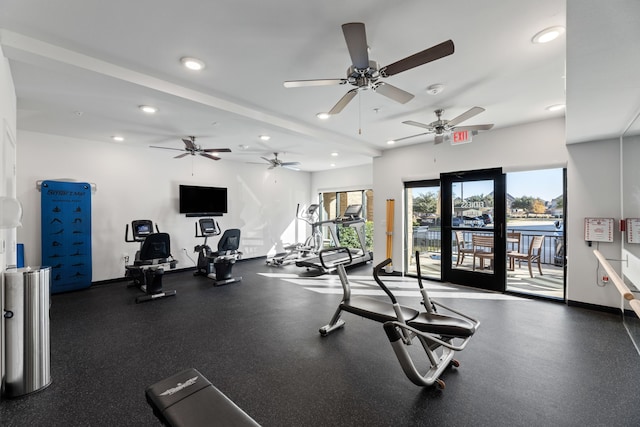 workout area with ceiling fan