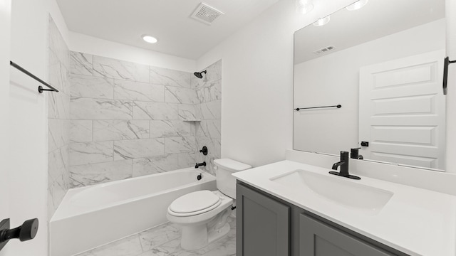 bathroom featuring marble finish floor, shower / bath combination, visible vents, toilet, and vanity