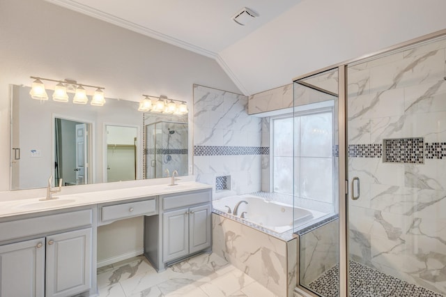 bathroom with shower with separate bathtub, vanity, crown molding, and lofted ceiling