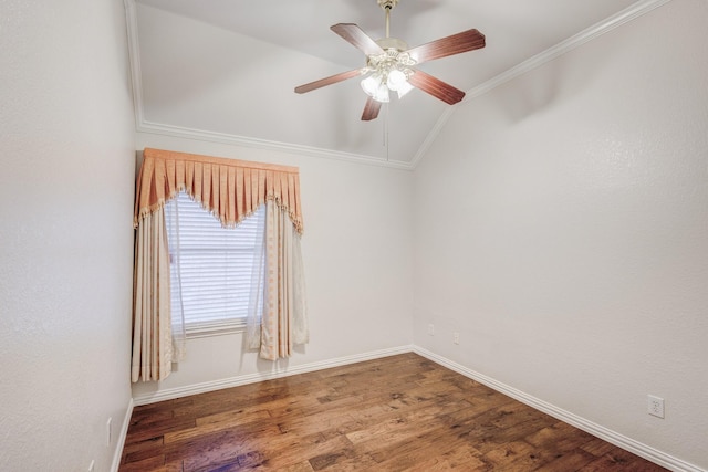 unfurnished room featuring hardwood / wood-style flooring, ceiling fan, and ornamental molding