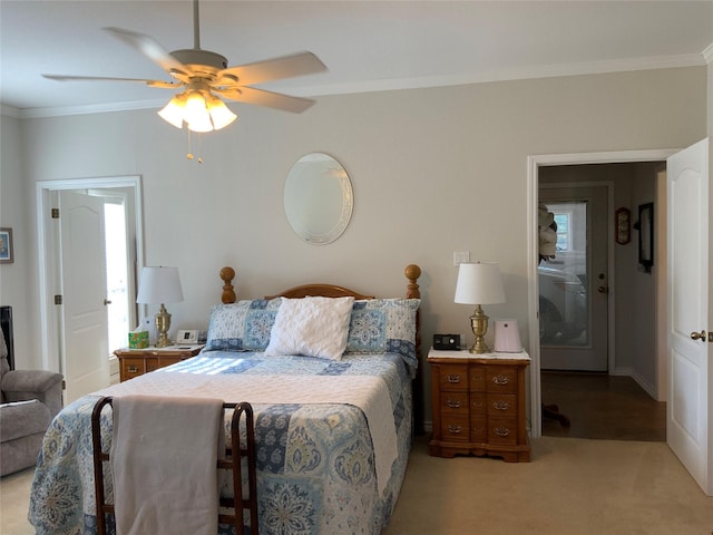 bedroom with ornamental molding, light carpet, and ceiling fan