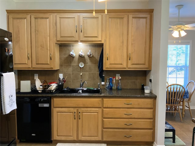 kitchen featuring tasteful backsplash, sink, dishwasher, and ceiling fan