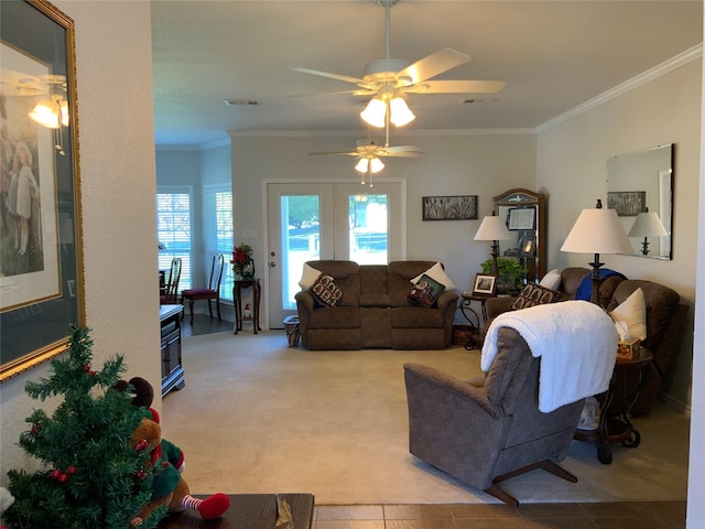 living room featuring crown molding and light colored carpet