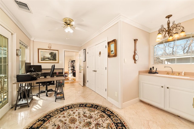 office space featuring ceiling fan with notable chandelier, ornamental molding, and sink