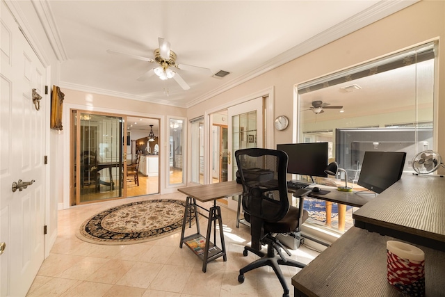 tiled office featuring french doors, ceiling fan, and crown molding