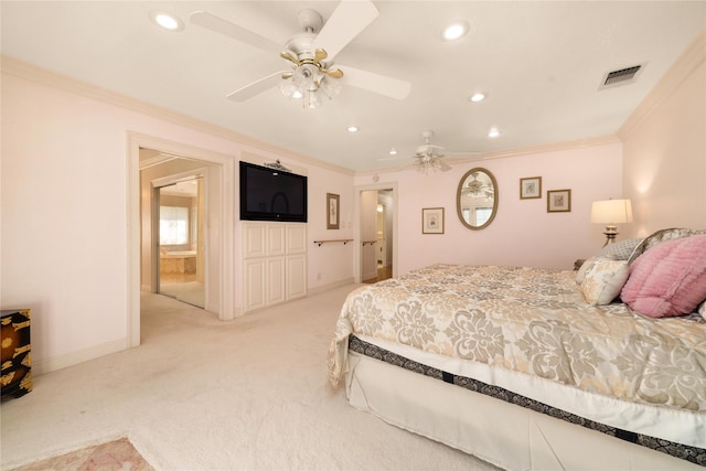 bedroom with connected bathroom, ceiling fan, light colored carpet, and ornamental molding