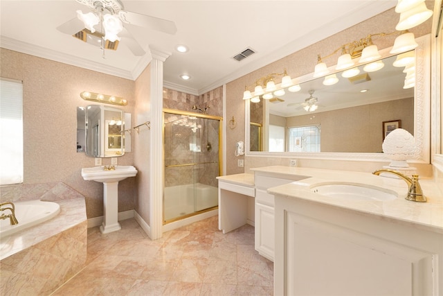 bathroom featuring separate shower and tub, ceiling fan, crown molding, and dual sinks