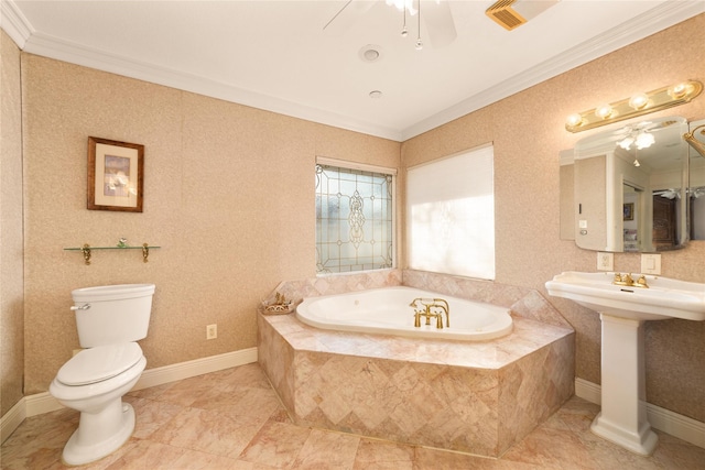 bathroom featuring ornamental molding, ceiling fan, sink, tiled bath, and toilet