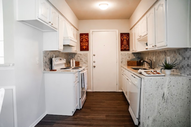 kitchen with decorative backsplash, dark hardwood / wood-style flooring, white appliances, sink, and white cabinets