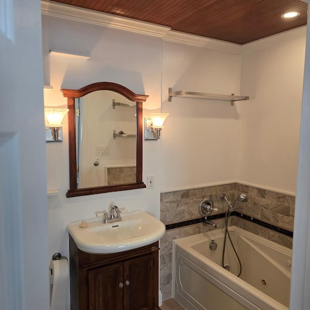 bathroom featuring vanity, crown molding, wooden ceiling, and a bath