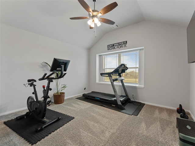 exercise room with carpet flooring, ceiling fan, and vaulted ceiling