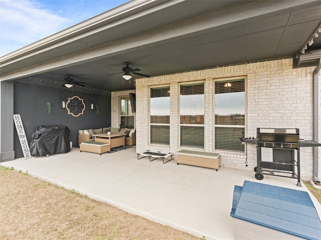 view of patio / terrace with outdoor lounge area, ceiling fan, and grilling area