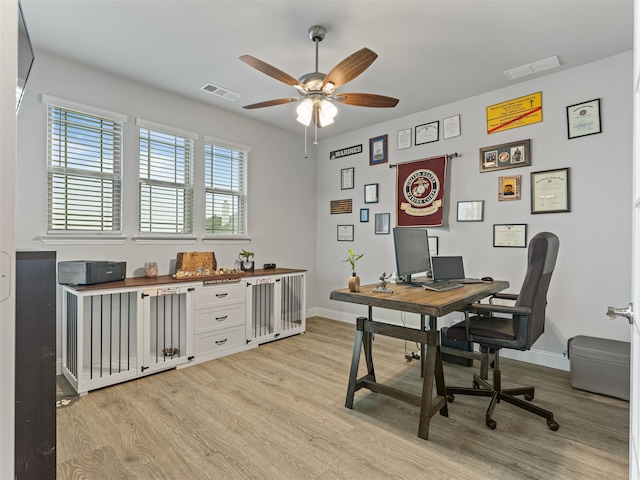 office area featuring ceiling fan and light hardwood / wood-style floors