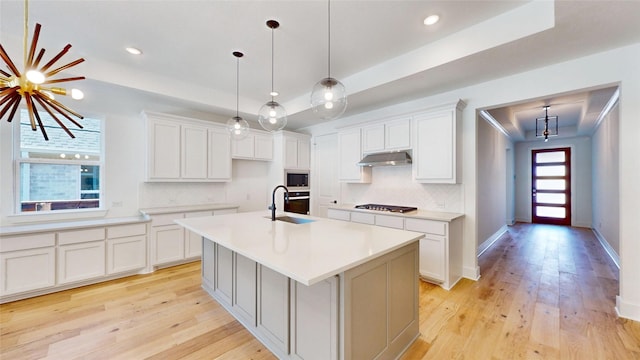 kitchen with white cabinets, light hardwood / wood-style flooring, built in microwave, and a kitchen island with sink