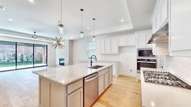 kitchen with stainless steel appliances, a kitchen island with sink, a healthy amount of sunlight, and sink