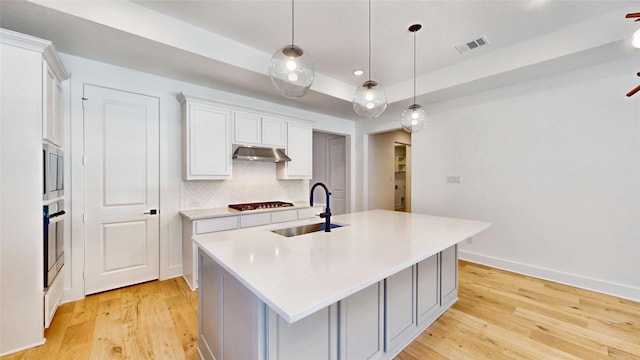 kitchen featuring pendant lighting, light hardwood / wood-style floors, a kitchen island with sink, and sink