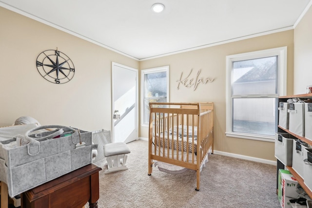 carpeted bedroom with ornamental molding