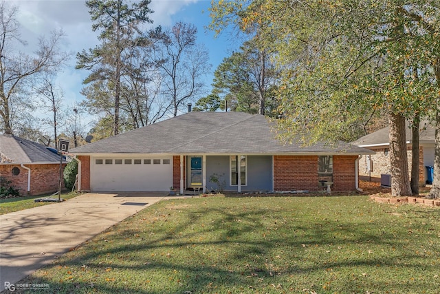 ranch-style house featuring central AC unit, a garage, and a front lawn