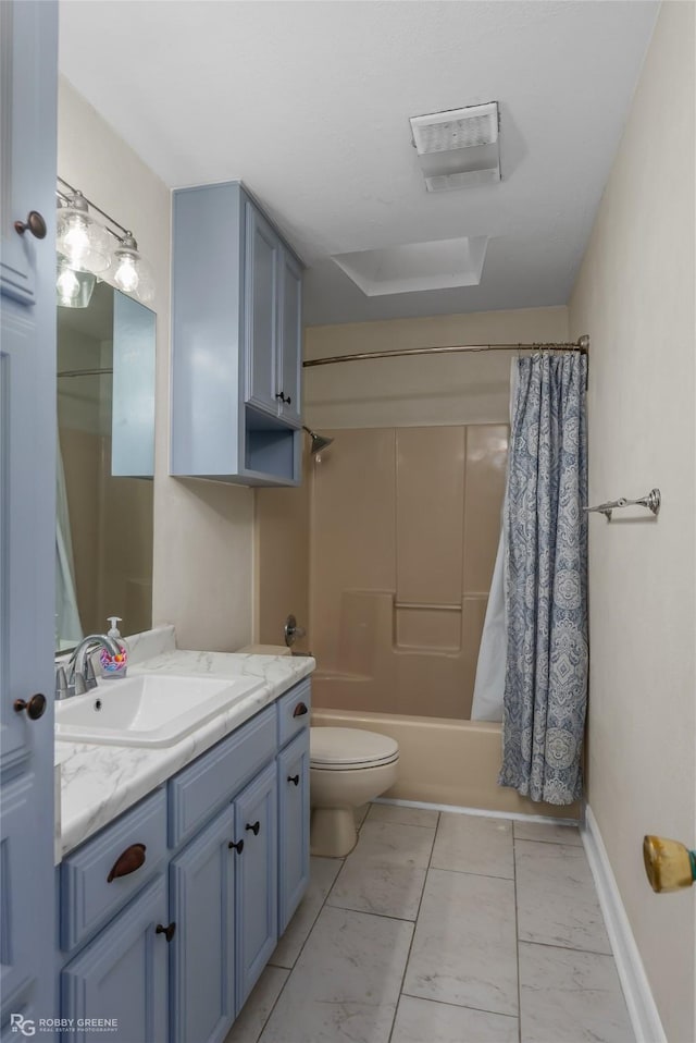 full bathroom featuring shower / bath combination with curtain, vanity, and toilet