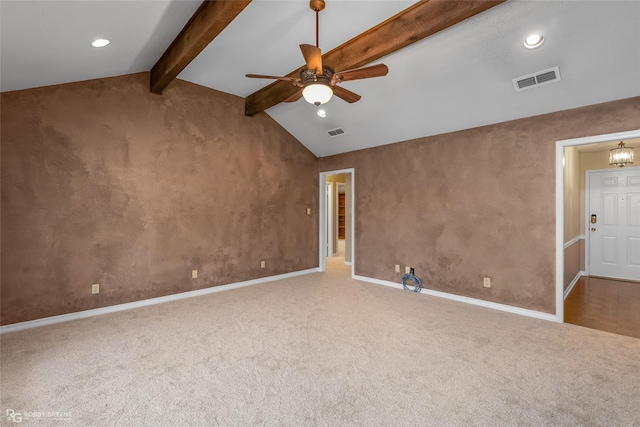 interior space featuring carpet flooring, ceiling fan with notable chandelier, and vaulted ceiling with beams