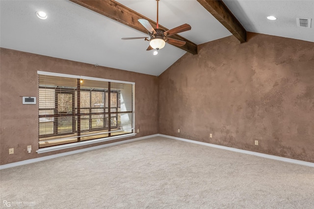 unfurnished room featuring vaulted ceiling with beams, ceiling fan, and carpet flooring