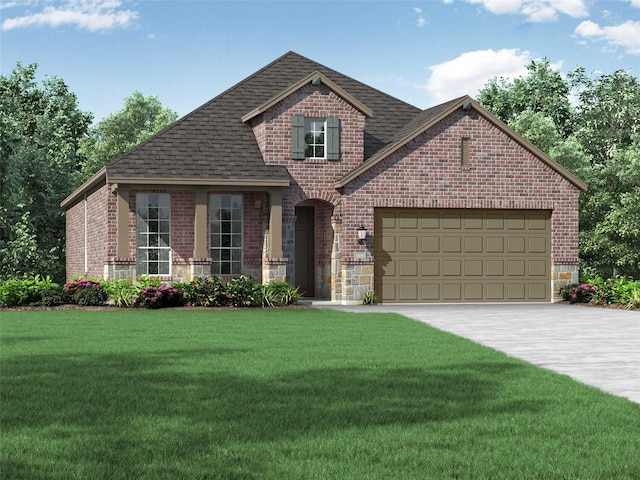 front facade with a front yard and a garage