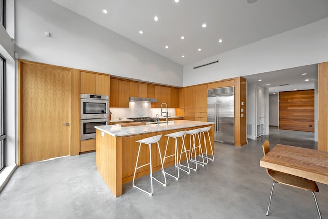 kitchen featuring sink, a breakfast bar, a kitchen island with sink, high vaulted ceiling, and stainless steel appliances