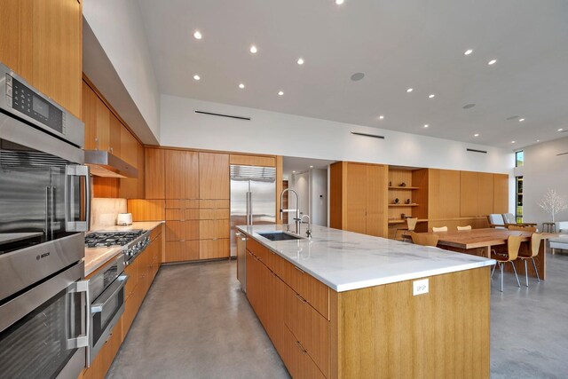 kitchen with appliances with stainless steel finishes, a large island, sink, and a high ceiling