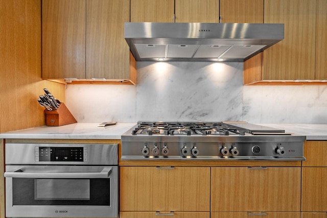 kitchen with exhaust hood and appliances with stainless steel finishes