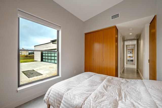 bedroom featuring multiple windows, vaulted ceiling, and a closet