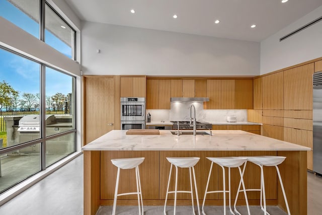 kitchen featuring a kitchen island with sink, a towering ceiling, light stone countertops, and appliances with stainless steel finishes