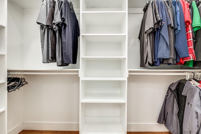 walk in closet with hardwood / wood-style flooring