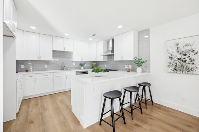 kitchen with wall chimney exhaust hood, light hardwood / wood-style flooring, kitchen peninsula, decorative backsplash, and white cabinets