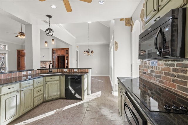 kitchen with backsplash, black appliances, sink, green cabinetry, and ornamental molding