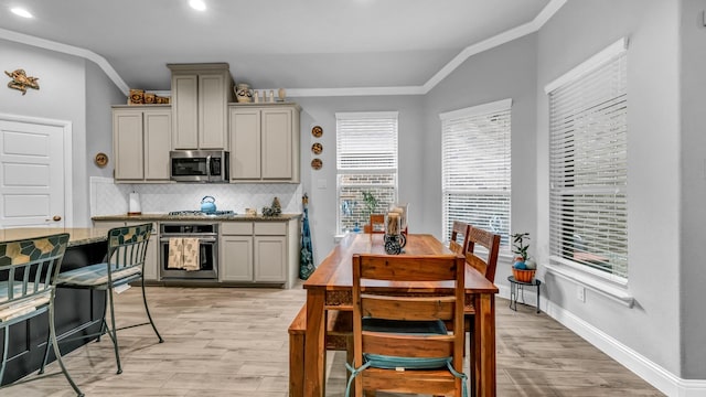 kitchen with a wealth of natural light, stainless steel appliances, and light hardwood / wood-style floors