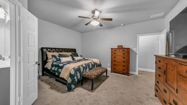 carpeted bedroom featuring ceiling fan