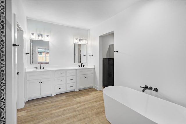 bathroom featuring a washtub, vanity, and hardwood / wood-style flooring