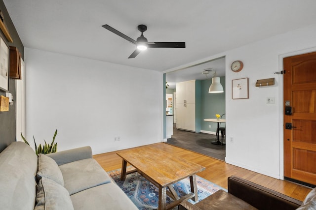 living room with hardwood / wood-style floors and ceiling fan