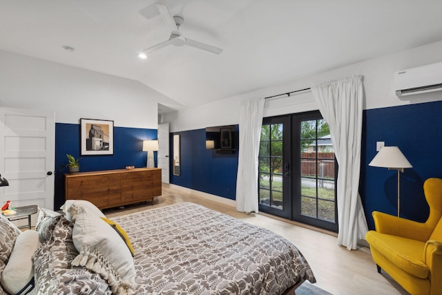 bedroom with access to exterior, french doors, vaulted ceiling, ceiling fan, and an AC wall unit