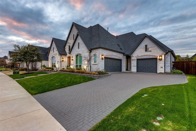 french country style house with a yard and a garage