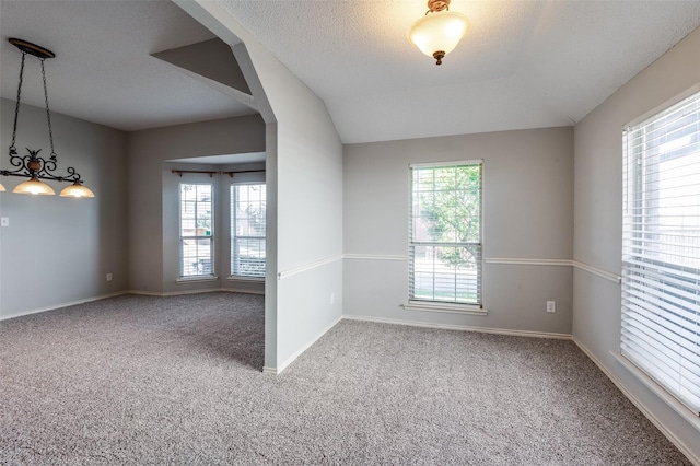 carpeted spare room with a textured ceiling, plenty of natural light, and lofted ceiling