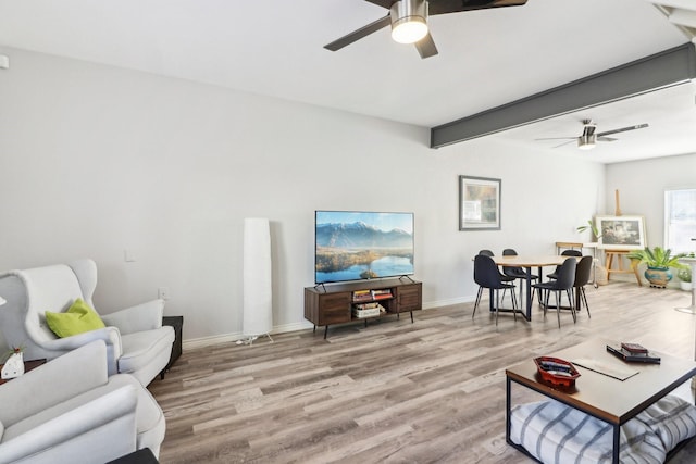 dining area with ceiling fan, light hardwood / wood-style flooring, and beam ceiling