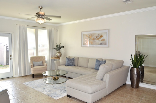 living room with ceiling fan, light tile patterned floors, and ornamental molding