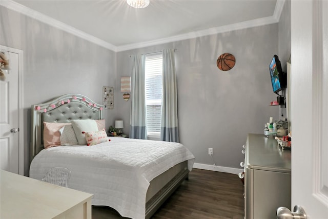 bedroom featuring crown molding and dark hardwood / wood-style floors