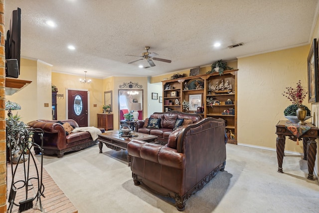 carpeted living room with crown molding, ceiling fan with notable chandelier, and a textured ceiling