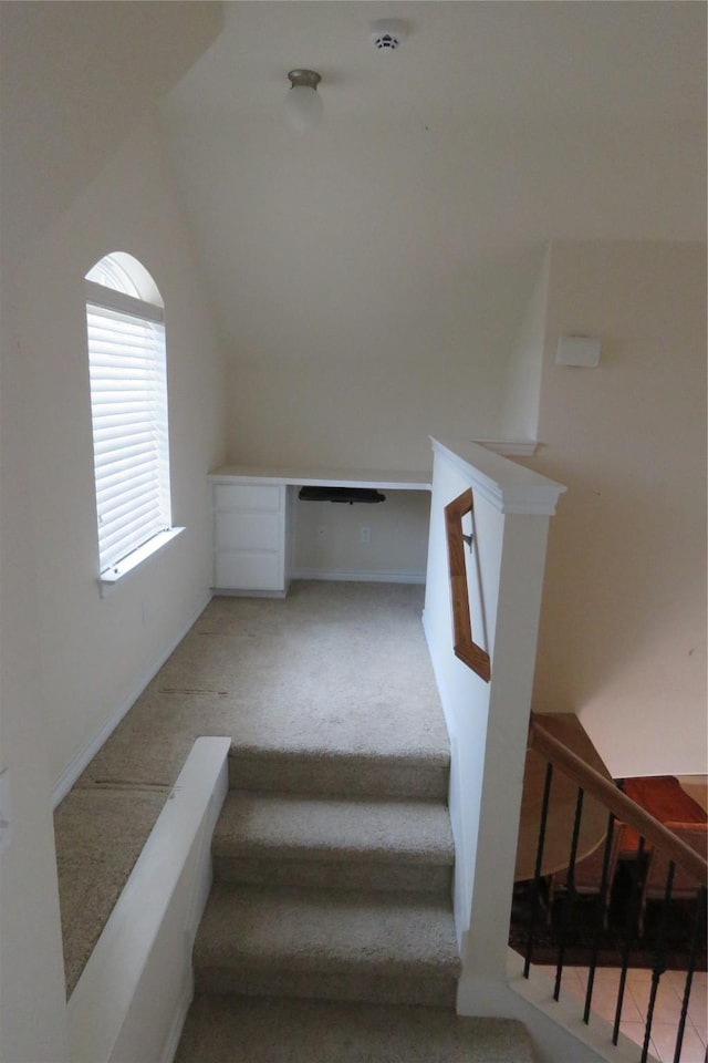 313 Hidden Lake Ct, Burleson, TX 76028 - stairs featuring vaulted ceiling and carpet