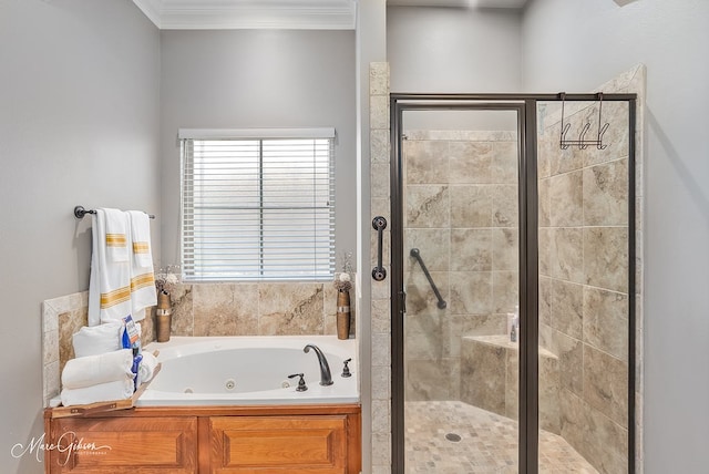 bathroom with crown molding and plus walk in shower