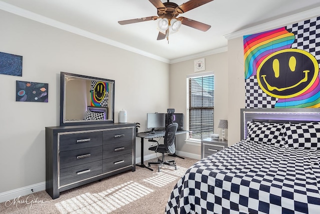 bedroom with ornamental molding, light colored carpet, and ceiling fan